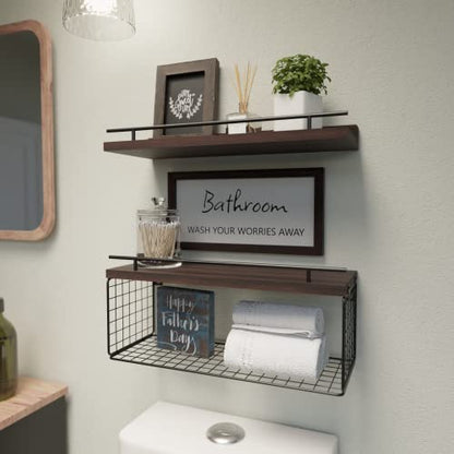 WOPITUES Floating Shelves with Bathroom Wall Décor Sign, Wood Floating Bathroom Shelves over Toilet with Toilet Paper Storage Basket Set of 3, Floating Shelf with Guardrail for Wall Décor–Rustic Brown