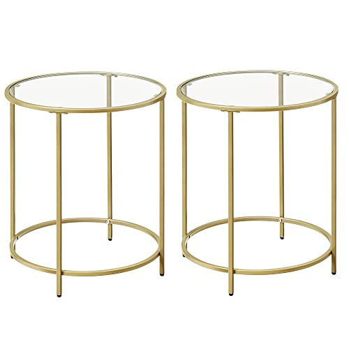 VASAGLE Round Side Tables, Set of 2, Glass End Tables with Metal Frame, Gold Coffee Tables with Modern Style, for Living Room, Balcony, Bedroom, Gold Color
