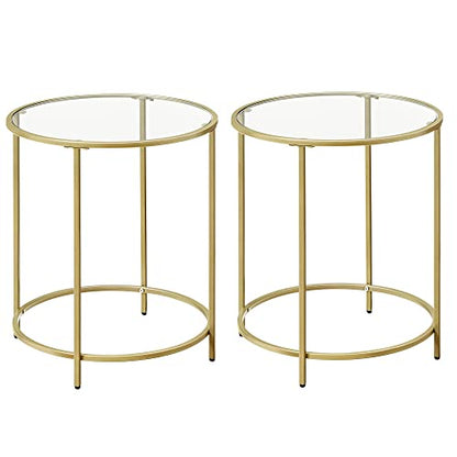 VASAGLE Round Side Tables, Set of 2, Glass End Tables with Metal Frame, Gold Coffee Tables with Modern Style, for Living Room, Balcony, Bedroom, Gold Color