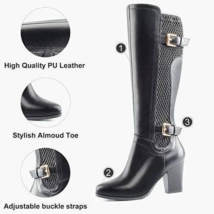 DCMBLY Knee High Boots Women Chunky Heel Almoud Toes Full Side Zipper Boots with Super Elasticity Embroidering Shrinked PU