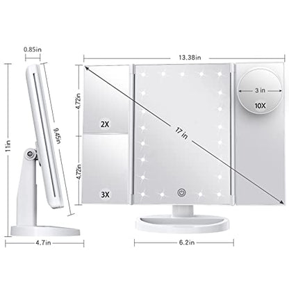 Makeup Mirror Vanity Mirror with Lights, 2X 3X 10X Magnification, Lighted Makeup Mirror, Touch Control, Trifold Makeup Mirror, Dual Power Supply, Portable LED Makeup Mirror, Women Gift (White+10X)