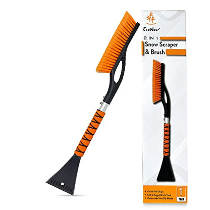 EcoNour 27" Aluminum Snow Brush with Ice Scrapers for Car Windshield and Window (1Pack) | Car Snow Scraper and Brush with Ergonomic Foam Grip Winter Accessories (Orange)