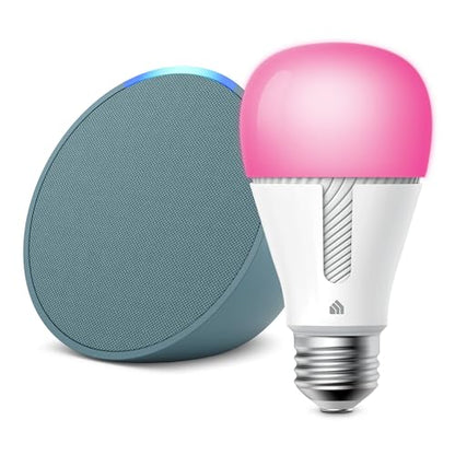 Echo Pop in Midnight Teal bundle with TP-Link Kasa Smart Color Bulb