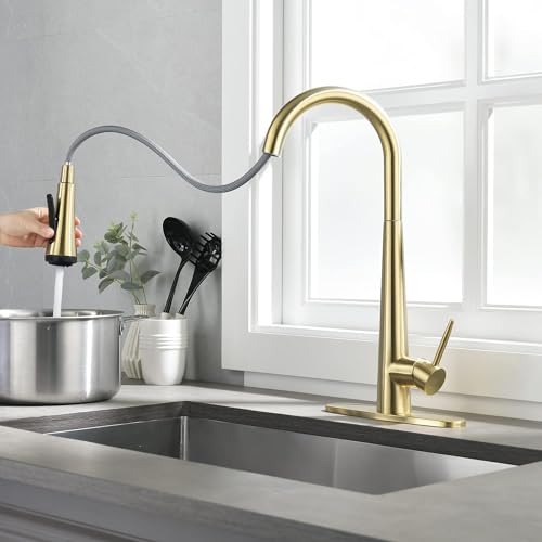 UPDATE: SOLD OUT! Kitchen Faucet with Pull Down Sprayer: Kitchen Sink Faucet, 4 Modes Sprayer Kitchen Faucet with Sprayer for Farmhouse Camper Laundry Utility RV Wet Bar, Brushed Gold