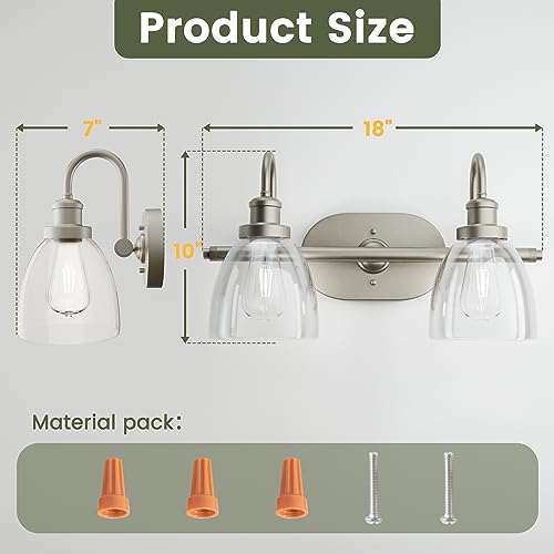NeuType 2-Light Bathroom Light Fixtures, Brushed Nickel Vanity Light, Bathroom Light Fixtures Over Mirror, Vanity Lights for Bathroom with Clear Glass Shade