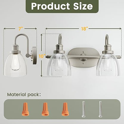 NeuType 2-Light Bathroom Light Fixtures, Brushed Nickel Vanity Light, Bathroom Light Fixtures Over Mirror, Vanity Lights for Bathroom with Clear Glass Shade