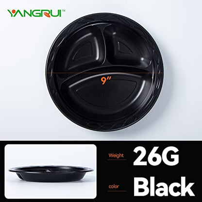 YANGRUI Reusable Plastic Plate, 9 Inch 3 Compartments 150 Pack Food Grade Material BPA Free Black Dinner Plates