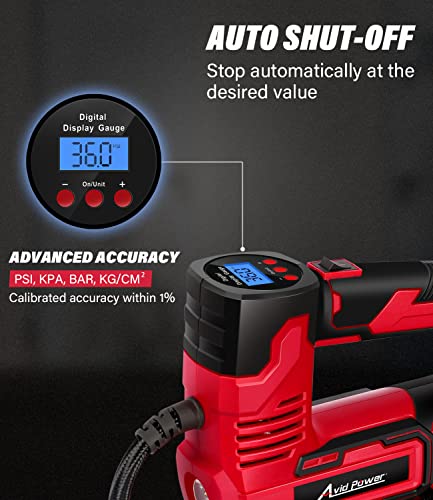 AVID POWER Tire Inflator Portable Air Compressor, 20V Cordless Car Tire Pump w/Rechargeable Li-ion Battery, 12V Car Power Adapter, Digital Pressure Gauge, 150PSI Tire Compressor for Many Inflatables
