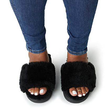 Dearfoams Women's Fireside Cairns Shearling Easy on/Off Slide Sandal Slipper, Black, 9