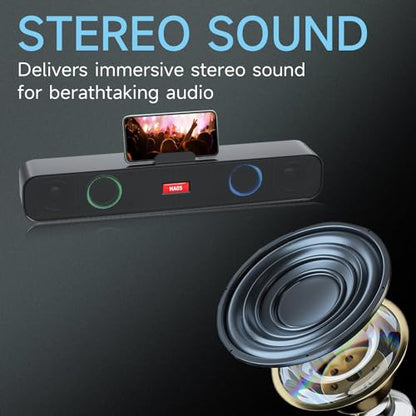 HI-PLANX Speakers with Phone Holder,Stereo Sound Bar Laptop Speaker for Desktop/Laptop/PC/Pad/Cellphone, Colorful Gradient Lighting Soundbar, USB Desktop Speaker Plug and Play