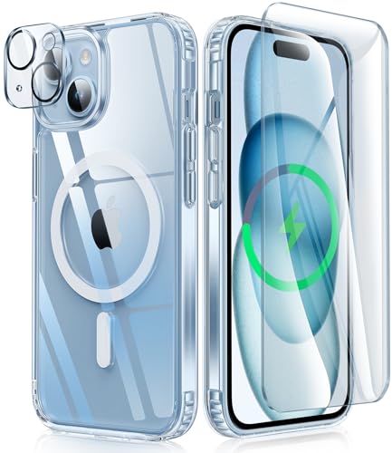 FNTCASE for iPhone 15 Case: Support Magnetic Charging Military Grade Drop Protection Anti Yellowing Cell Phone Cover - Rugged Durable Shockproof Protective Bumper - 6.1 Inch (Clear)