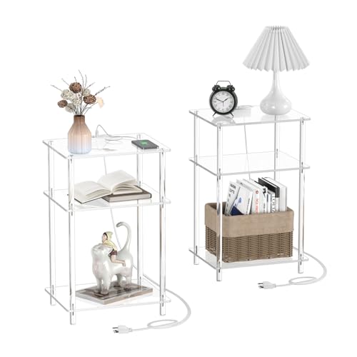 Eglaf Acrylic Side Table with Charging Station - 3 Tier Charging End Table Set of 2 - Clear Nightstand Bedside Table with USB Ports & Outlets - for Bedroom, Living Room, 15'' L x 11.8'' W x 23.6'' H