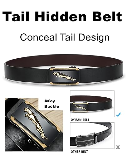 Oyifan Black Leather Belt for Men, 1 3/8 Slide Ratchet Belt For Men Dress Pant Shirt Oxfords Casual Jeans, trim To Fit