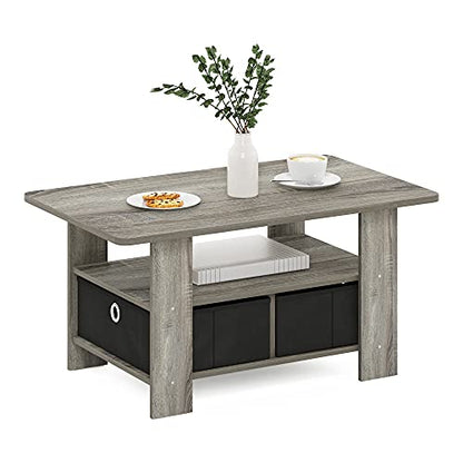 Furinno Andrey Coffee Table with Bin Drawer, French Oak Grey/Black