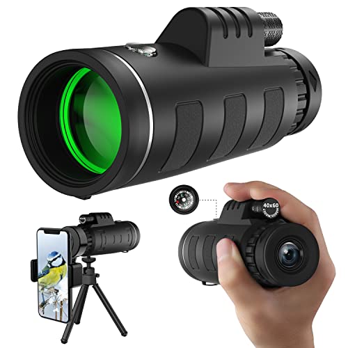 JiaSifu 40x60 High Definition Monocular Telescope with Smartphone Adapter, BAK4 Prism FMC Monocular with Clear Low Light Vision for Wildlife Hunting Camping Travelling（LD006-00A-26）