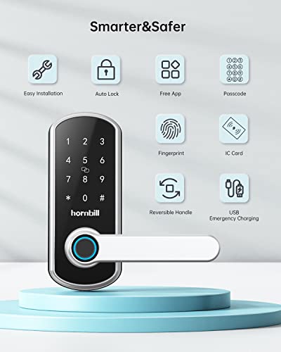 Smart Door Lock, Hornbill Keyless Entry Door Lock, Keypad Door Lock with Reversible Handle, Fingerprint Electronic Digital Front Door Lock, Free App, Keys, IC Cards and Passcodes for Home Office
