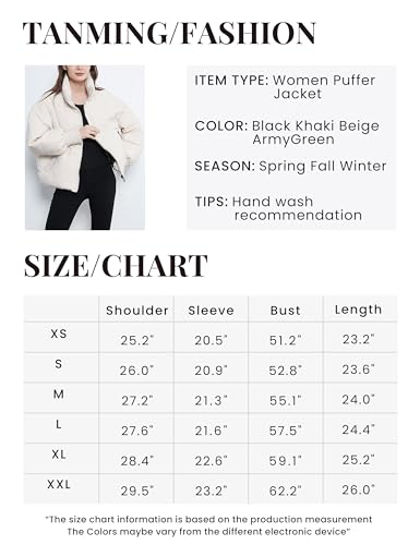 Tanming Womens Casual Puffer Jacket Long Sleeve Full Zip Black Padded Winter Coat (Beige, M)