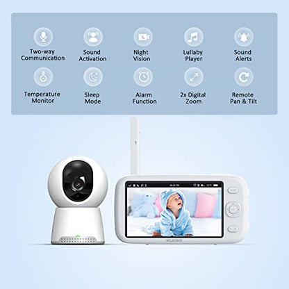 NexiGo Video Baby Monitor with Camera and Audio, 5 Inch Split IPS Screen, Support Up to 4 Cameras, 2-Way Audio, Pan-Tilt-Zoom, 4800mAh Battery, Temperature Detection, Night Vision, Lullaby (White)