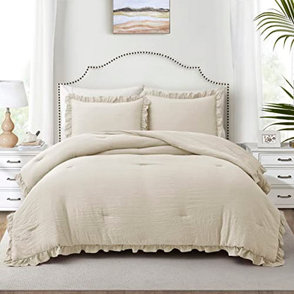 Home Bed Bedding Comforter Set - 3 Pieces Queen Comforter Set, Farmhouse Bedding Set with Ruffle Bed Comforter & Ruffle Pillows Shams(Queen Size Wheat)