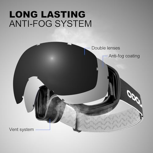 Odoland Snow Ski Goggles S4 Double Lens Anti-Fog OTG Windproof UV400 Eyewear for Men, Women and Youth-Skiing Snowboarding, Dull Black Frame Black Lens vlt 8.8%