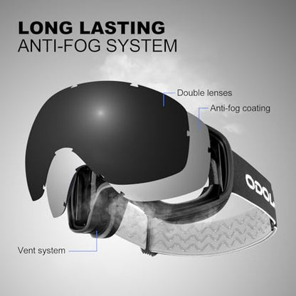 Odoland Snow Ski Goggles S4 Double Lens Anti-Fog OTG Windproof UV400 Eyewear for Men, Women and Youth-Skiing Snowboarding, Dull Black Frame Black Lens vlt 8.8%