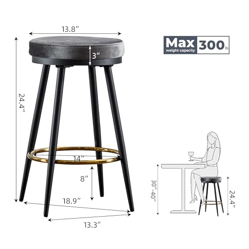 ELIASER 24“ Bar Stools Set of 2 for Kitchen Island, Counter Height Bar Stools Set of 2 Modern Velvet Armless, Swivel Round with Golden Metal Footrest for Dining Room Coffee Shop, Grey