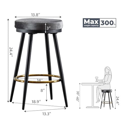 ELIASER 24“ Bar Stools Set of 2 for Kitchen Island, Counter Height Bar Stools Set of 2 Modern Velvet Armless, Swivel Round with Golden Metal Footrest for Dining Room Coffee Shop, Grey