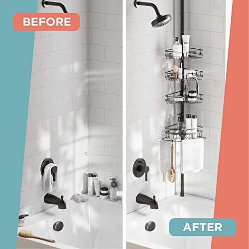 Zenna Home Rust-Resistant Corner Shower Caddy for Bathroom, 4 Adjustable Shelves with Towel Bar and Hooks, with Tension Pole, for Bath and Shower Storage, 60-97 Inch, Bronze