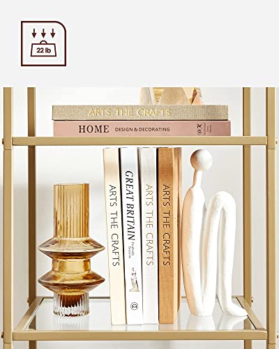 VASAGLE Bookcase, 5-Tier Bookshelf, Slim Shelving Unit for Bedroom, Bathroom, Home Office, Tempered Glass, Steel Frame, Metallic Gold ULGT029A01