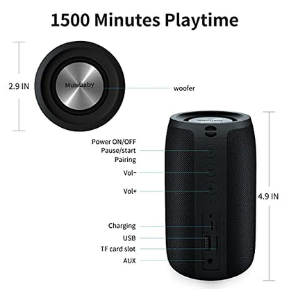 Bluetooth Speakers,MusiBaby Speaker,Outdoor,Wireless,Waterproof, Portable Speaker,Dual Pairing, Bluetooth 5.0,Loud Stereo,Booming Bass,1500 Mins Playtime for Home,Party,Gifts(Black)