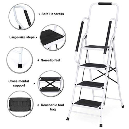 EdMaxwell 4 Step Ladder with Handrails 500 lb Capacity Step Stool Folding Portable Ladders for Home Kitchen Steel Frame with Non-Slip Wide Pedal Stepladder with Attachable Tool Bag White
