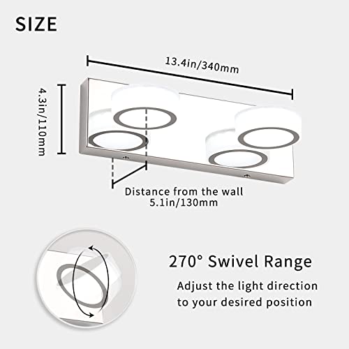 Joosenhouse 2-Light Bathroom Vanity Light 13.4" Inch Long 12W Dimmable Chrome Bathroom Light Fixtures Adjustable LED Lights for Bathroom 6000k Color 110V AC