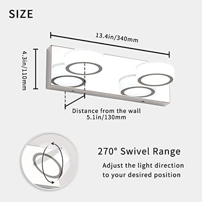 Joosenhouse 2-Light Bathroom Vanity Light 13.4" Inch Long 12W Dimmable Chrome Bathroom Light Fixtures Adjustable LED Lights for Bathroom 6000k Color 110V AC