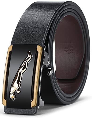 Oyifan Black Leather Belt for Men, 1 3/8 Slide Ratchet Belt For Men Dress Pant Shirt Oxfords Casual Jeans, trim To Fit