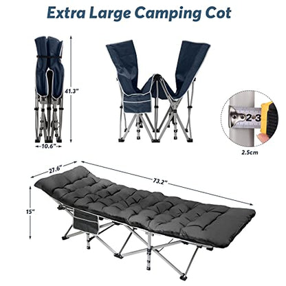 Slendor Folding Camping Cot for Adults with Mattress,Sleeping Cots for Kids Teenage, Max. Load 800Lbs Camp Cots with Storage Bag, Portable Travel Cot Bed for Tent Home Office Beach Garden, Black Pad