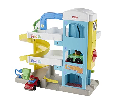 Fisher-Price Little People Toddler Toy Helpful Neighbor's Garage Playset with Spiral Ramp and 2 Wheelies Cars for Ages 18+ Months