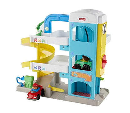 Fisher-Price Little People Toddler Toy Helpful Neighbor's Garage Playset with Spiral Ramp and 2 Wheelies Cars for Ages 18+ Months