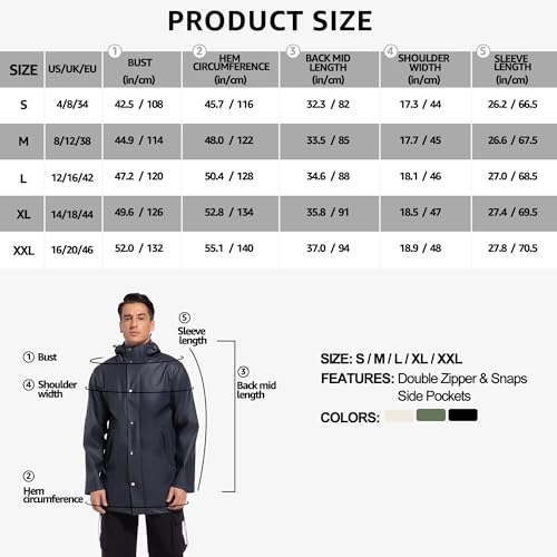 UNIQUEBELLA Men's Rain Jacket with Hooded Waterproof Active Long Raincoat Classic Rain Coats Windbreaker for Hiking Camping