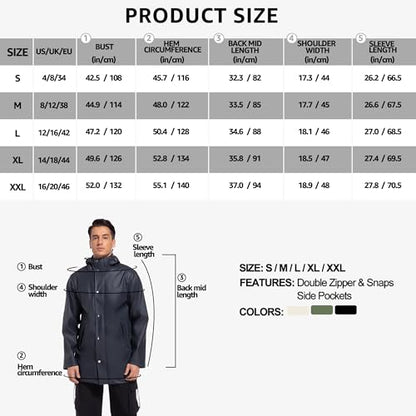 UNIQUEBELLA Men's Rain Jacket with Hooded Waterproof Active Long Raincoat Classic Rain Coats Windbreaker for Hiking Camping