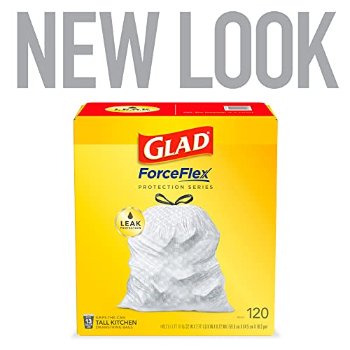 GLAD ForceFlex Tall Drawstring Trash Bags, 13 Gallon White Trash Bags for Tall Kitchen Trash Can, Unscented Leak Protection Bags, 120 Count - Packaging May Vary