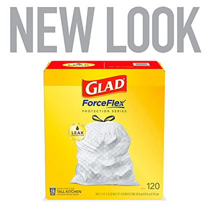 GLAD ForceFlex Tall Drawstring Trash Bags, 13 Gallon White Trash Bags for Tall Kitchen Trash Can, Unscented Leak Protection Bags, 120 Count - Packaging May Vary