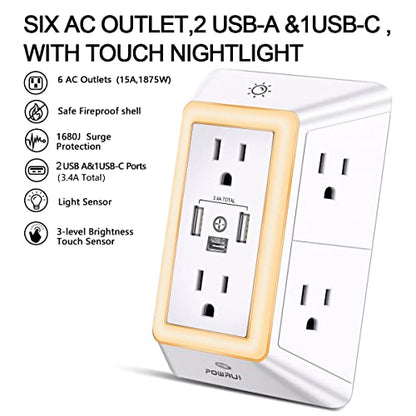 Multi Plug Outlet Surge Protector - POWRUI 6 Outlet Extender with 3 USB Ports (1 USB C) and Night Light, 3-Sided Power Strip with Adapter Spaced Outlets - White，ETL Listed