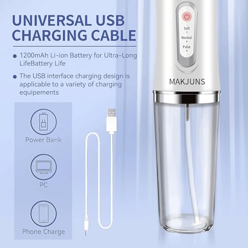 Water-Flosser-Cordless-Teeth-Cleaner MAKJUNS Water Dental Flosser with 3 Modes 4 Jets Rechargeable IPX7 Waterproof Dental Oral Irrigator for Travel Home Braces(Luxury White)