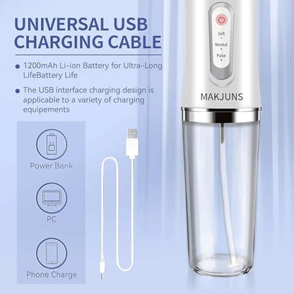 Water-Flosser-Cordless-Teeth-Cleaner MAKJUNS Water Dental Flosser with 3 Modes 4 Jets Rechargeable IPX7 Waterproof Dental Oral Irrigator for Travel Home Braces(Luxury White)