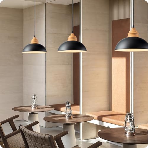 Karjearl Black Industrial Pendant Light, Farmhouse Wood Hanging Light Fixture with Wood Pattern Shade, Modern Dome Pendant Light for Kitchen Island Dining Room Hallway Bedroom