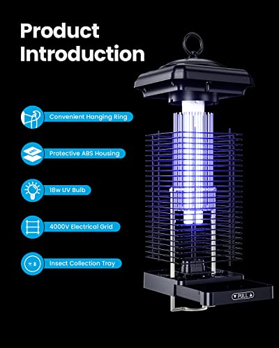 Gaiatop Bug Zapper Outdoor, 4000V 18W Mosquito Zapper Outdoor with 5ft Power Cord, Waterproof Electric Insect/Fly Trap Zapper Killer for Home Backyard Garden Patio - Black