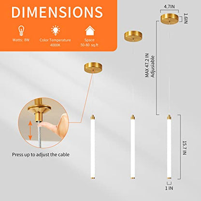 PENACINY 3 Pack Gold Pendant Light Fixtures, Integrated LED Kitchen Island Lighting, 15.7" Linear Pendant Lamp for Bedroom Bedside Bathroom Hallway Entryway, 4000K