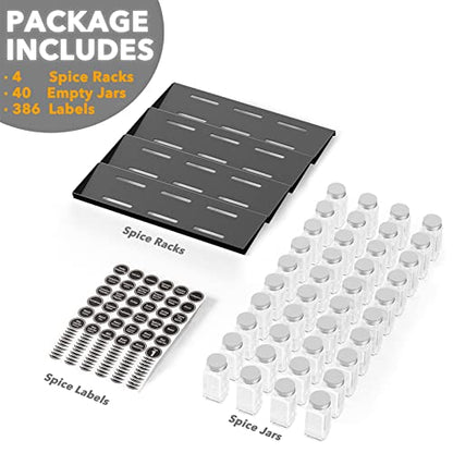 SpaceAid Spice Drawer Organizer with 40 Spice Jars, 386 Spice Labels and Chalk Marker, 4 Tier Seasoning Rack Tray Insert for Kitchen Drawers, 18.5" Wide x 17.5" Deep