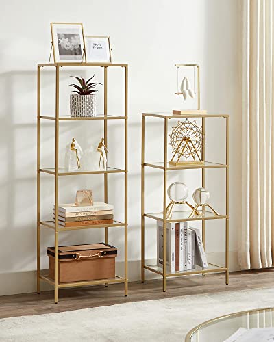 VASAGLE Bookcase, 5-Tier Bookshelf, Slim Shelving Unit for Bedroom, Bathroom, Home Office, Tempered Glass, Steel Frame, Metallic Gold ULGT029A01