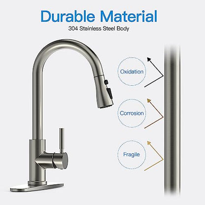 MSTJRY Kitchen Faucet with Pull Down Sprayer Single Level Stainless Steel for Kitchen Sinks,High Arc Single Handle Kitchen Sink Faucet with Pull Out Sprayer,Brushed Stainless